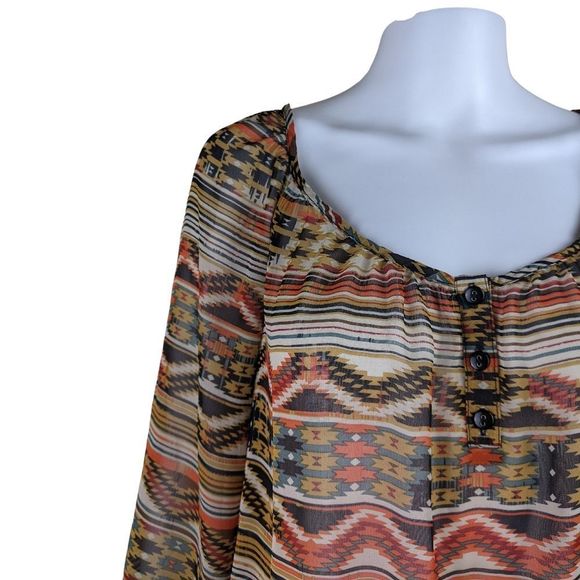 Speechless XL Aztec Tribal Geometric Design Sheer V Neck 3/4 Sleeve Blouse - Picture 2 of 10
